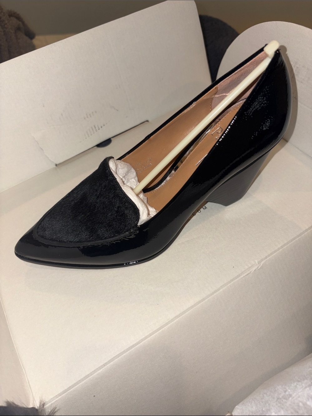 Paolo Black Patent Pointed Toe Block Heel Loafer